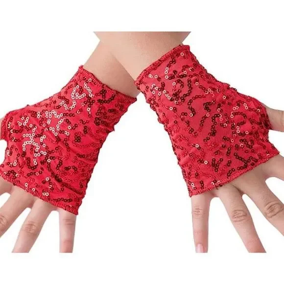 Balera Dancewear‎ Costume Half Gloves Performance Fingerless Sequins Spandex Red