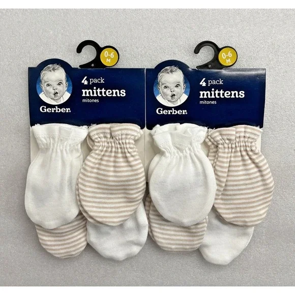 8 Pack Gerber Mittens No Scratch Neutral‎ Colors Unisex Baby 0-6 Months NEW