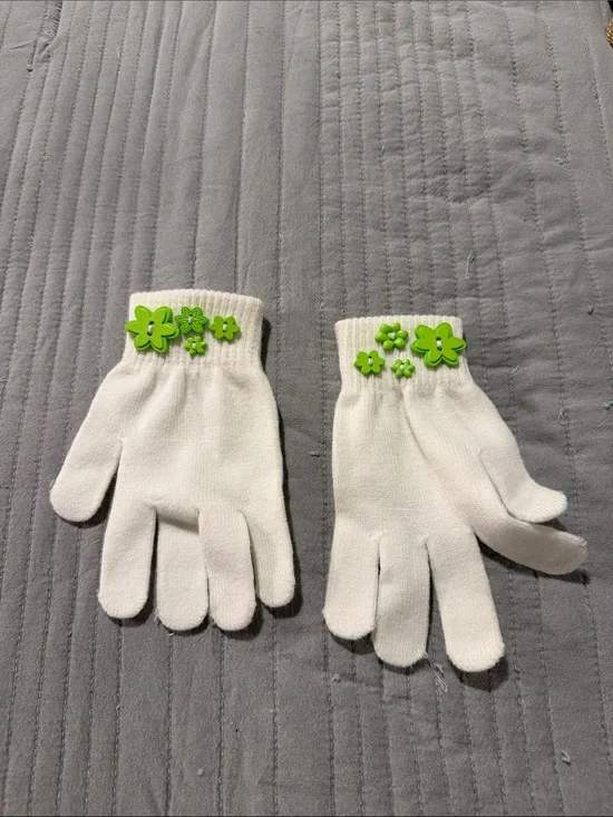 Kids White Gloves with Green Flower Accents