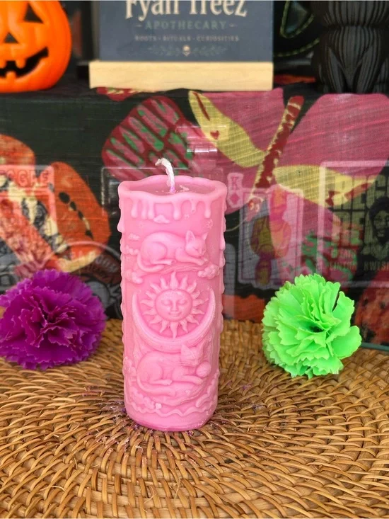 Pink Celestial Cats Sun & Moon Candle