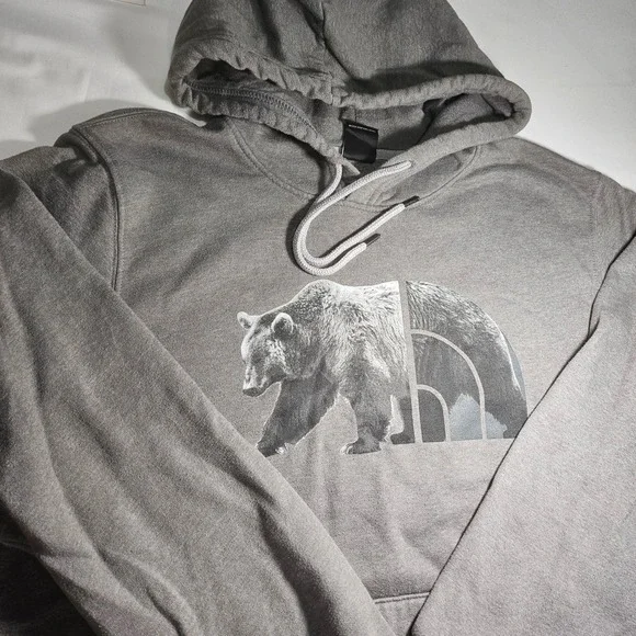 The North Face Mens XL Grizzly Bear Logo Graphic Pullover Hoodie Brown Gray