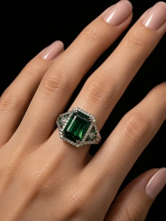 925 Sterling Silver Green Stone Halo Statement Ring Size 8