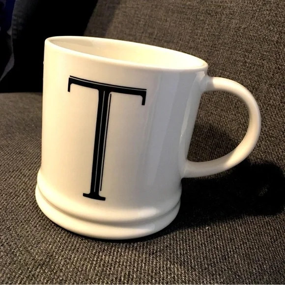 “T” Initial Coffee Mug, White, Black, 15 oz