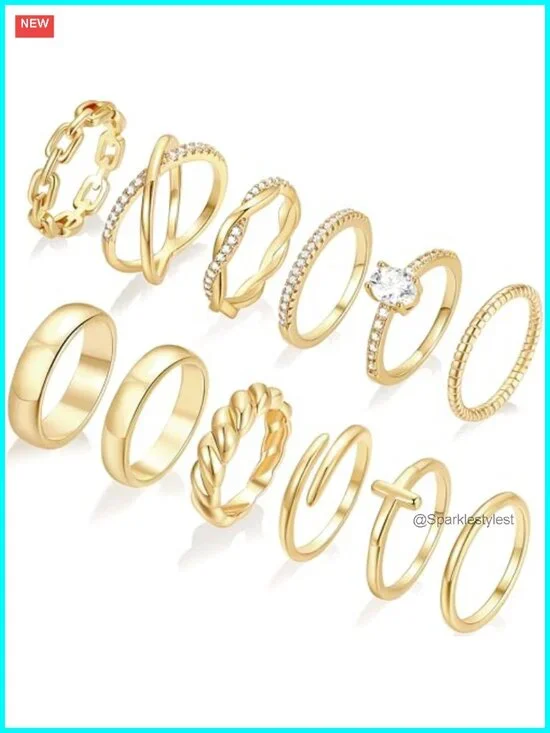 14K Gold Plated 12 PC Stacking Rings Set Eternity Band Chunky Twist