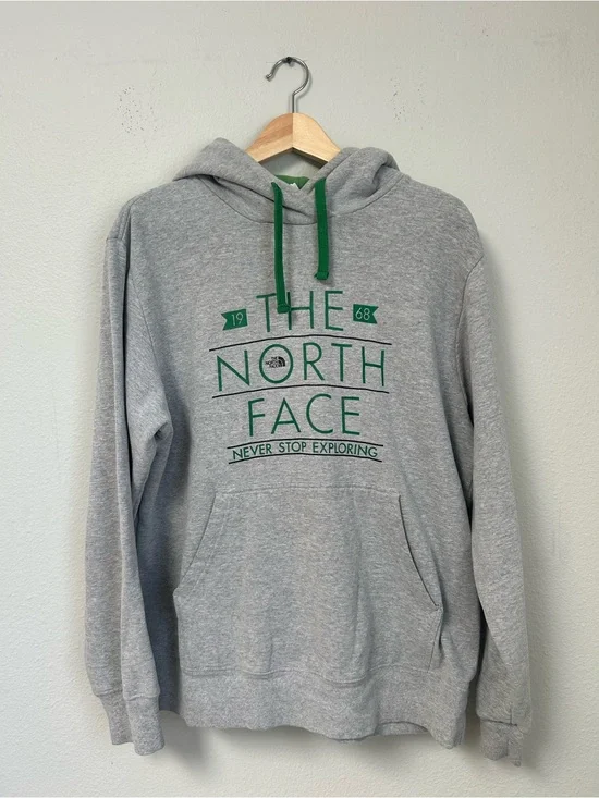 The North Face Gray Hoodie with Green Logo and Drawcords