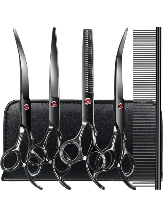 5-Piece Dog Grooming Kit - Sharp Stainless Steel Scissors & Curved Shears for