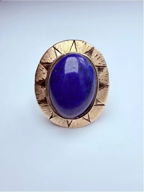 Estate 14K Solid Yellow Gold Large Oval Lapis Lazuli VTG Royal Mid Century Ring