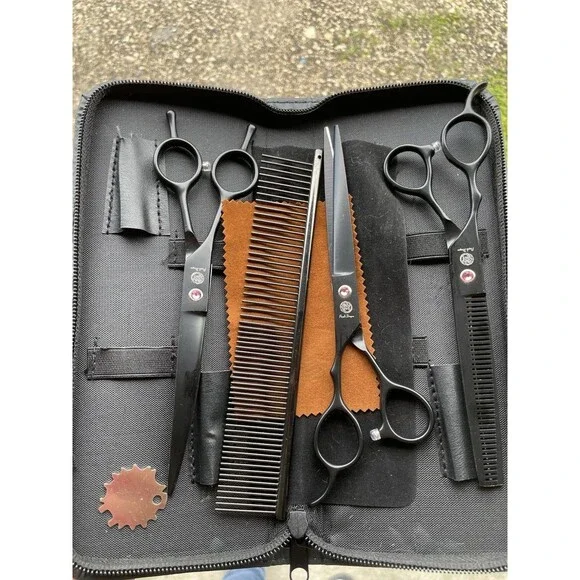 Purple Dragon Dog Grooming Kit 7.0” Left Hand Stainless Curved Scissors 5 Pcs.
