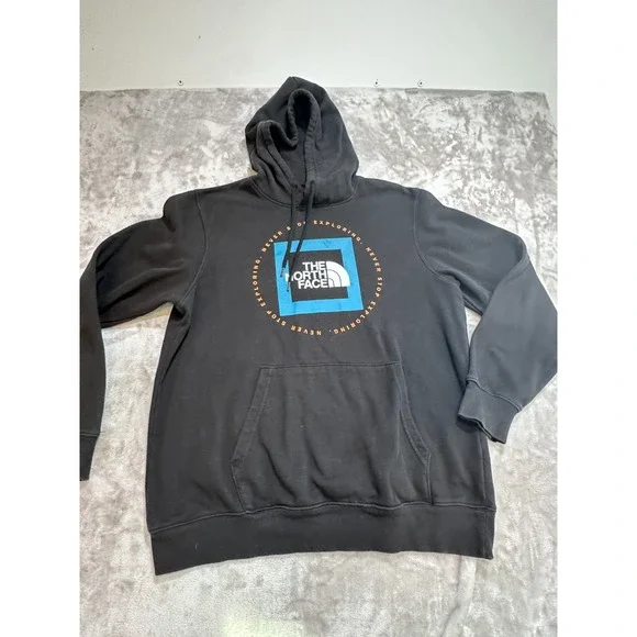 The North Face Geo NSE Hoodie Mens L Black Blue Graphic Pullover Sweatshirt