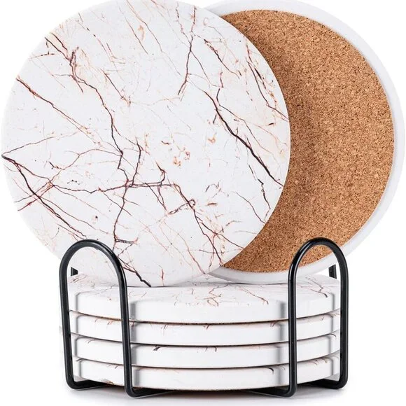 6Pcs Drink Coasters with Holder, Marble Style Ceramic Drink Coaster, Absorbent C