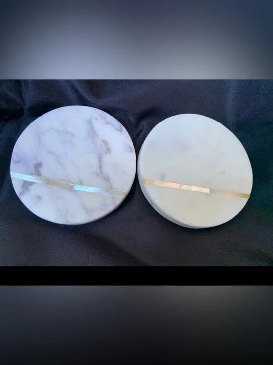 White Marble Round Coasters with Iridescent Inlay - Set of 2