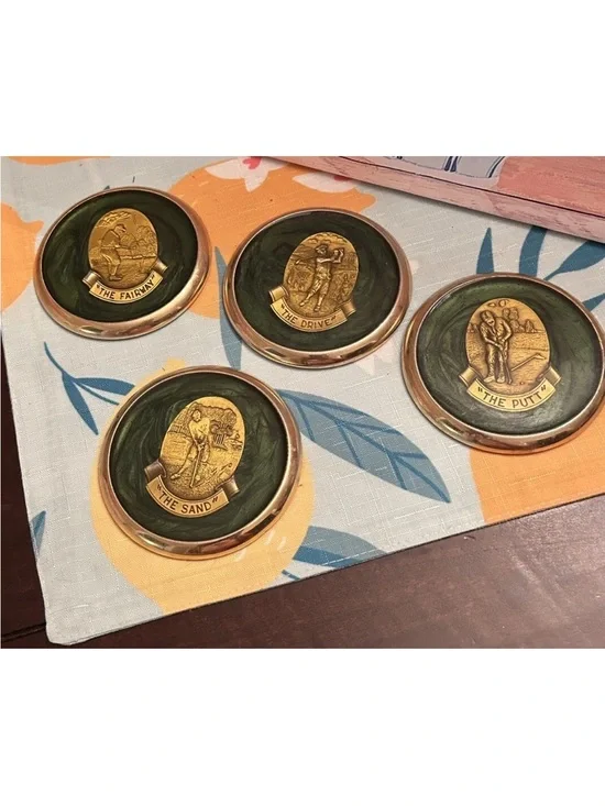 Golf Coasters Brass Medallion Set Heavy Green Marbled 4 Drive Fairway Sand Putt