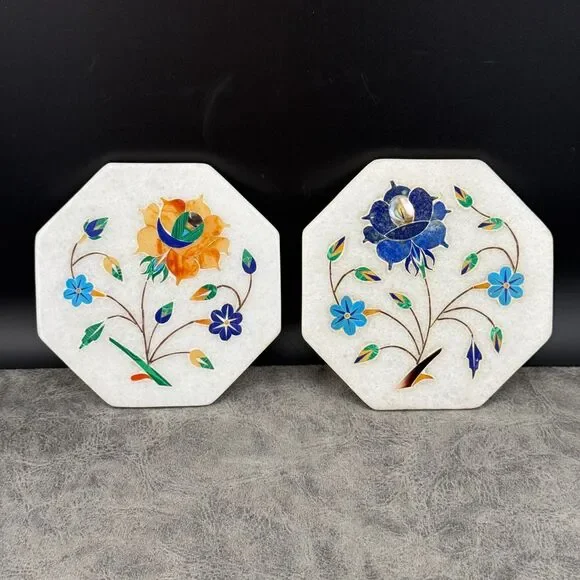 TWO (2) Handmade White Stone Tiles Coasters Inlaid Lapis Pietradura Floral 4