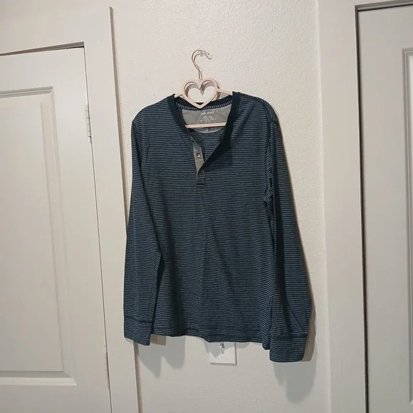 Banana Republic Mens Henley Shirt Long Sleeve Striped Navy Blue Grey Size M