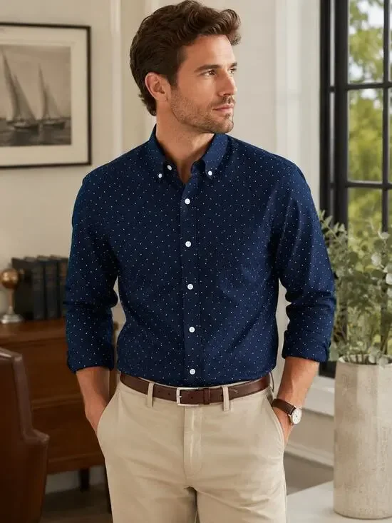 Banana Republic Camden Fit Polka Dot Button Down Shirt M Blue 100% Cotton Casual