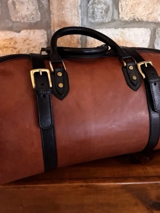 Handcrafted Italian Leather Weekender Duffle Bag 21in Brown & Black-w/Brass Feet