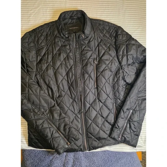 1320 Banana Republic Mens Black Quilted Moto Jacket XL Diamond Puffer Full Zip