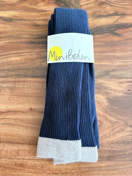 NWT Mini Boden Navy Blue Ribbed Footless Tights Leggings 9 10 Years Gold Trim