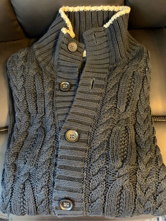 Banana Republic Black Cable Knit Button-Front Cardigan with Cream Trim