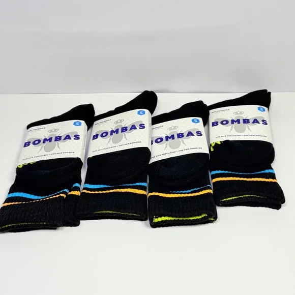 Bombas Kids Small 4 Pair Pack Black Crew Socks Blue Orange Lime Stripe New‎