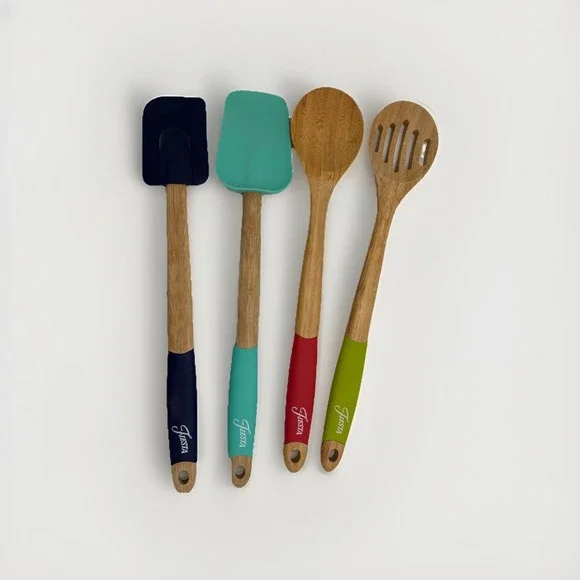 Fiesta Multicolor Bamboo & Silicone Kitchenware Cooking Utensils Set Of 4 Pieces