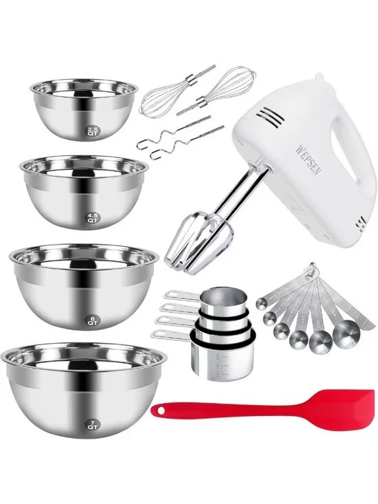 5-Speed Electric Hand Mixer with 4 Mixing Bowls & Whisks - Kitchen Baking Set