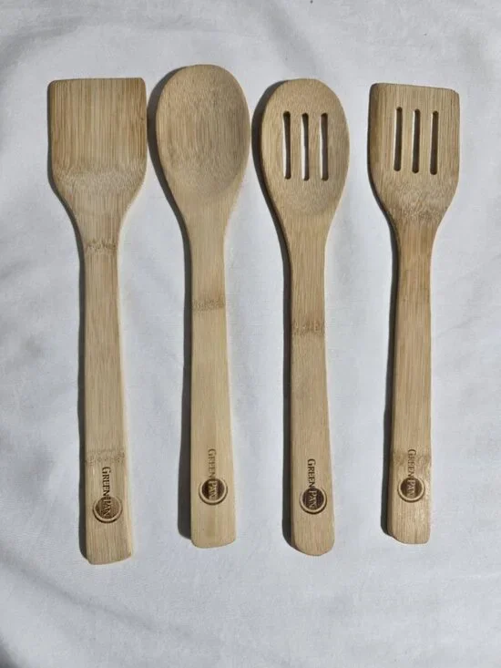 GreenPan Bamboo Wooden Cooking Utensil Set 4 Pc Spatula Slotted Spoon Scraper