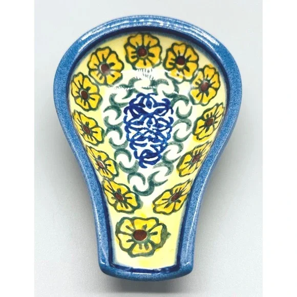 Unikat‎ Polish Pottery Spoon Rest Blue Yellow Floral L Burnicki Boleslawiec