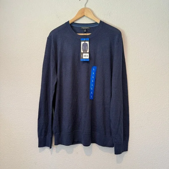 Banana Republic Mens Merino Wool Crewneck Sweater Navy Blue Large NWT Pinhole