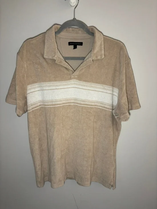 Banana Republic Polo Shirt Beige White Stripe Size L