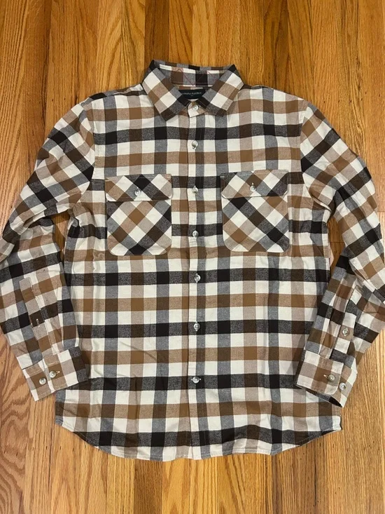 Banana Republic Men’s Plaid Button-Down Flannel Shirt Brown, Tan, Cream - SIZE M