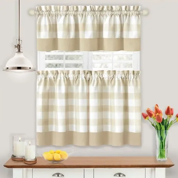 Achim Home Furnishing Hunter Tan Plaid Modern Window Curtain Panels : 42