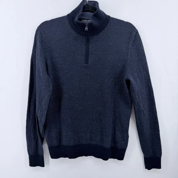 Banana Republic Mens Italian Merino Baruffa Quarter Zip Sweater Navy Blue Medium