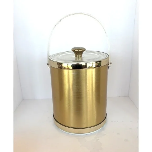 Vintage MCM Gold Culver Ice Bucket Gold Clear Lucite Handle and Lid Retro‎
