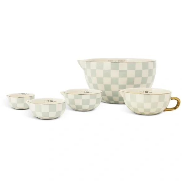 Thyme & Table 5-Piece Ceramic Mixing Bowl Set Green Checkered