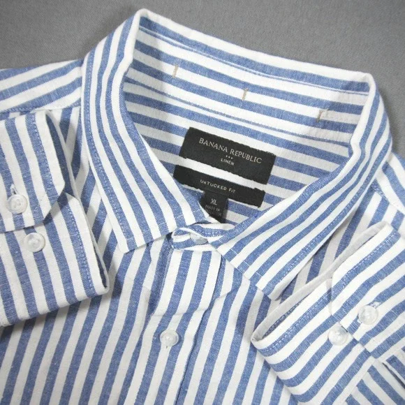 Banana Republic Linen Cotton Untucked Stripe Nautical Slim Fit Striped Shirt XL