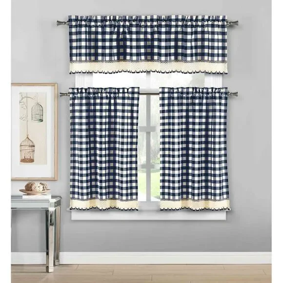 3 Piece Plaid, Checkered, Gingham Kitchen Curtain Set: 35% Cotton, 1 Valance, 2