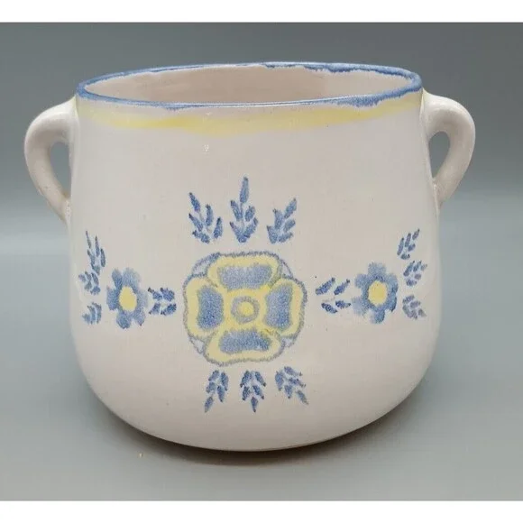 Vintage AMNION Clay Pottery Handpainted ALGARVE Blue Yellow CROCK w Two Handles