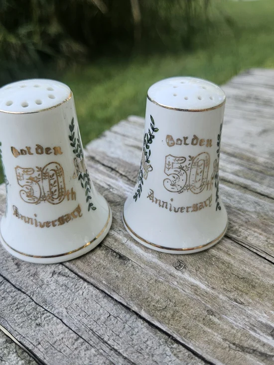 50th Golden Anniversary White and Gold Porcelain Salt and Pepper Shakers