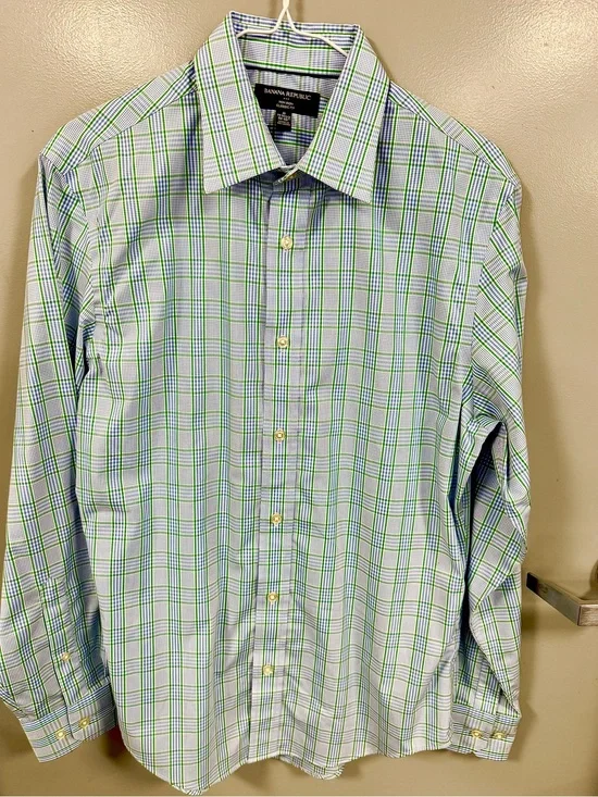Banana Republic Light Blue and Green Plaid Men’s Dress Shirt