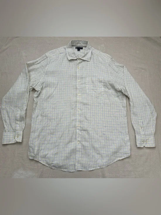 Banana Republic Mens XL 100% Linen Plaid Button Down Shirt Blue Yellow Classic