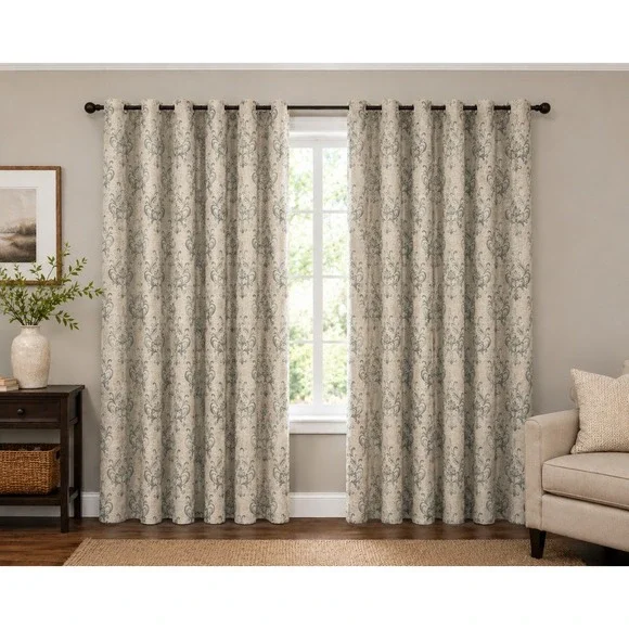 TAHARI Homes Elegant Neutral Damask Curtain Panels Set‎ 4 Linen Look 48x80