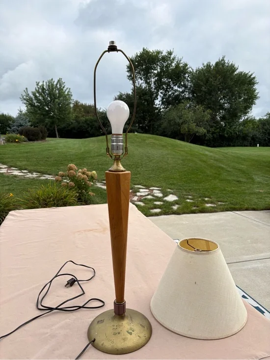 Mid-Century Style Wood & Brass Table Lamp with Cream Shade