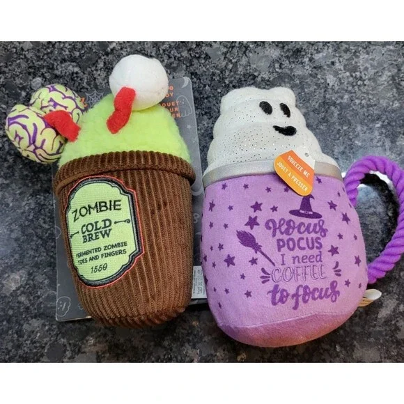 2 NIP Squeaky Coffee-Theme Dog Toys Lick or Treat Zombie Cold Brew, Need Coffee