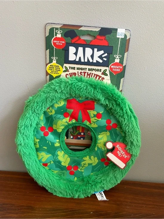 New Bark Green Holiday Plush Wreath Dog Toy with Red Accents