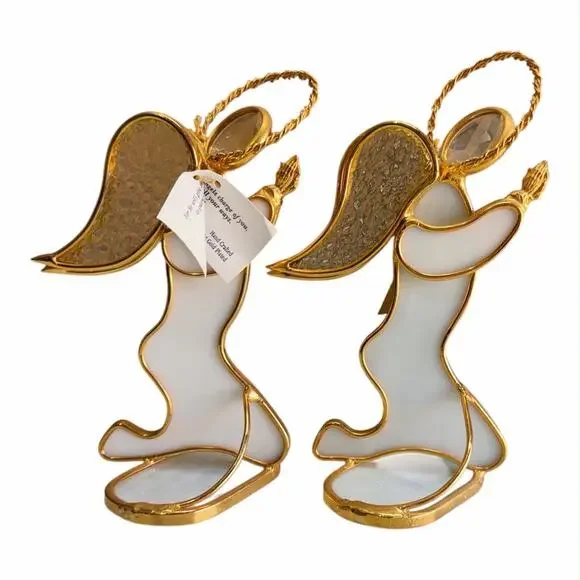 Angels of Love 24K Gold Plated Stained Glass Angel Figurines Pair Hand Crafted
