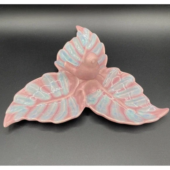 Vintage 1950's Royal Copley 3 Leaf Trinket Dish Pink Blue With Bird Incised USA