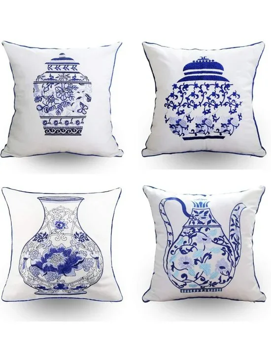 Set of 4 Decorative 18x18 Embroidery Throw Pillow Covers - Cotton Couch Cushions
