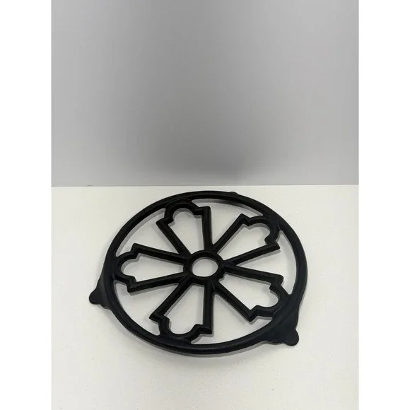 Decotec France Cast Iron Trivet Black Round Openwork Floral Pot Stand 8 inch