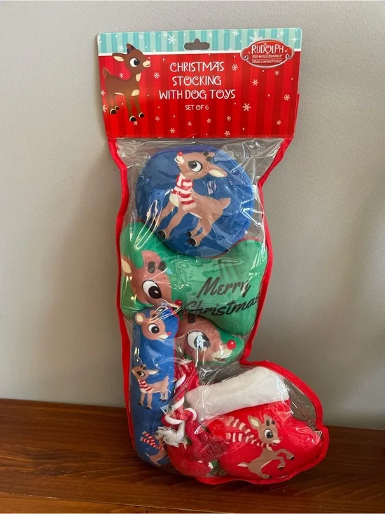 New Rudolph Christmas Stocking Small Dog Toys - Red & Blue Holiday Plush Set